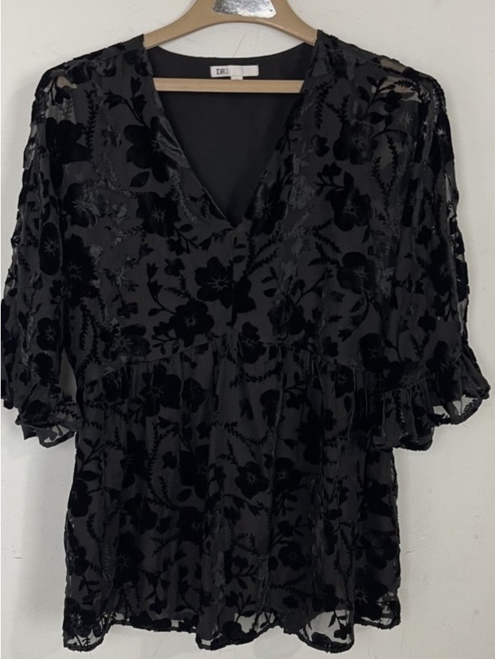 DR2 Women's Burnout Velvet Floral Peplum Blouse